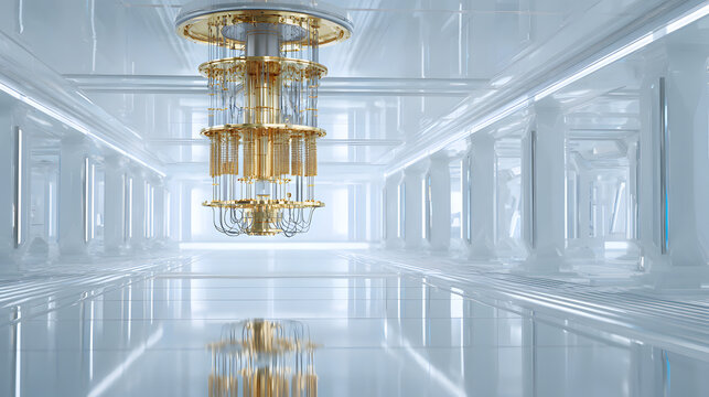 Quantum computer processor hangs suspended in a clean sterile laboratory environment with white reflective floors.