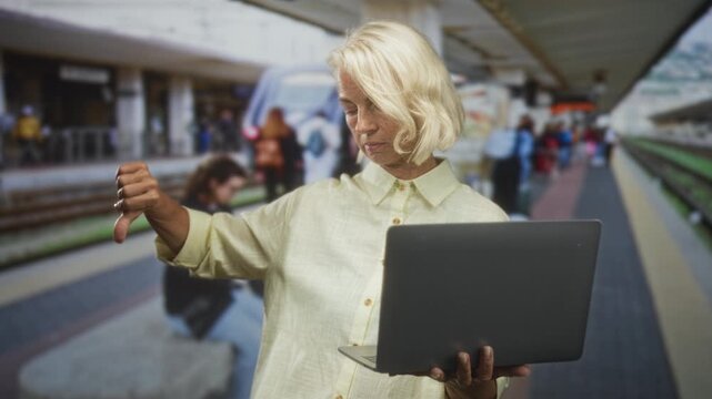 Woman holding laptop shows thumb down on train platform inside a building; frustration travel delay commuter.