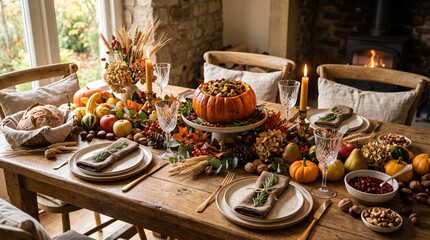Fototapeta premium Festive autumn Thanksgiving dinner table setting with stuffed pumpkin centerpiece and lit candles in cozy dining room