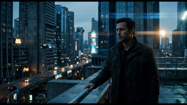 Man standing on a rooftop overlooking a city at twilight