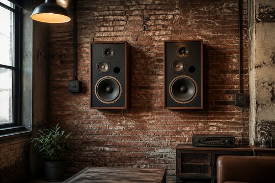 Vintage wall speakers mounted in industrial brick interior