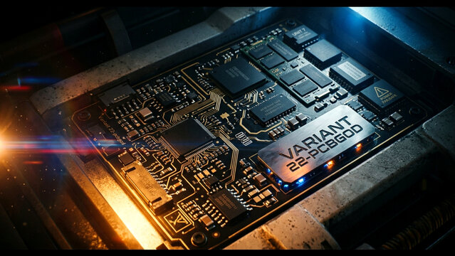 Close-up of a high-tech electronic circuit board with glowing components