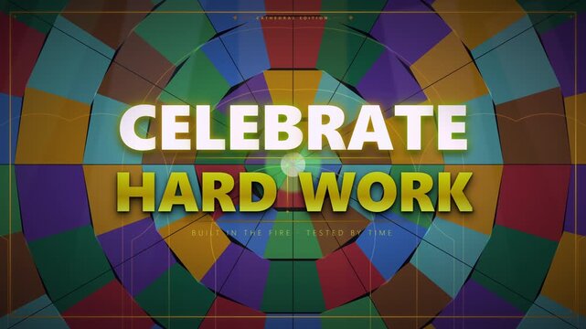 Animated text Celebrate Hard Work over a colorful geometric radial background