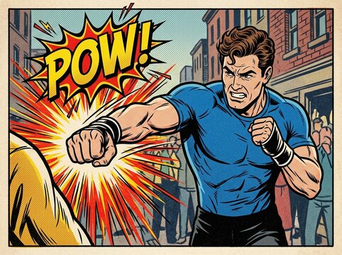 Retro comic book illustration of a heroic man throwing a powerful punch with classic pop art style impact burst effect in a city street