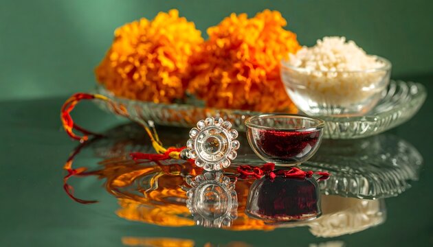 Traditional Raksha Bandhan Rakhi with Kumkum Rice and Marigold Flowers