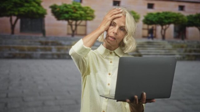 Woman holding laptop with hand on forehead at building steps, gazing at screen; frustration tech problem.
