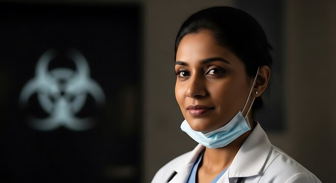 A close-up portrait of a female doctor with a stethoscope around her neck, wearing a face mask pulled down below her chin.