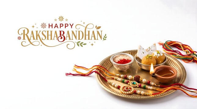 Happy Raksha Bandhan Festival Greeting with Rakhi and Sweets on Golden Plate