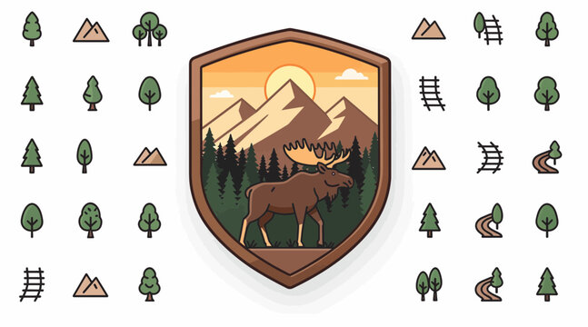 moose emblem, mountain landscape, shield icon