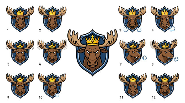 moose head with crown, shield logo, variations