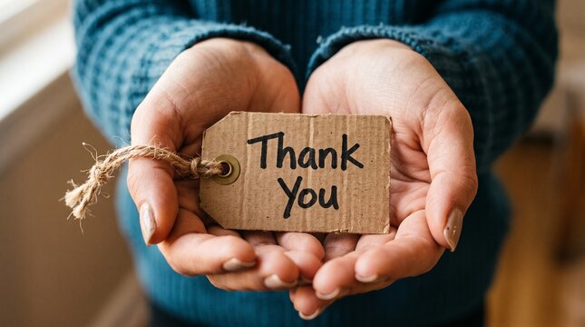 Gratitude Offered: Two hands gently cradle a rustic wooden tag inscribed with Thank You, symbolizing appreciation and heartfelt thanks in a warm, intimate gesture.