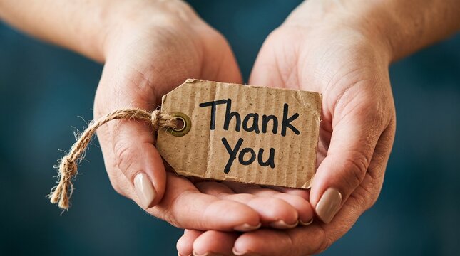 Hands Holding Thank You Tag: A close-up of two gentle hands cradling a rustic cardboard tag inscribed with a heartfelt Thank You, conveying gratitude and appreciation.