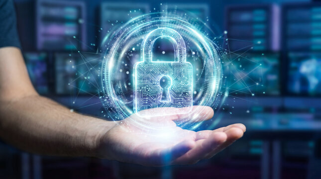 It professional hands holding glowing digital security padlock for network