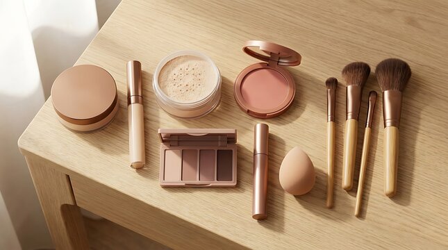 Set of makeup products and brushes on a wooden table in soft morning sunlight. simple makeup tutorial 