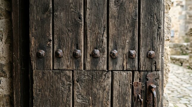 Close-up of an Ancient Weathered Wooden Door with Rusty Iron Studs and Antique Metal Hardware