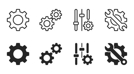 Industrial and technical gear icons set featuring cogwheels, settings control, and maintenance tools in flat style © Design Point