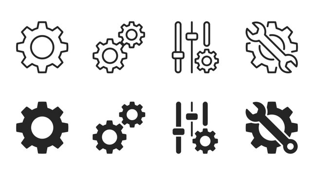 Industrial and technical gear icons set featuring cogwheels, settings control, and maintenance tools in flat style