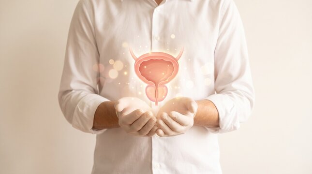 Doctor wearing medical gloves holding floating glowing 3D human bladder icon
