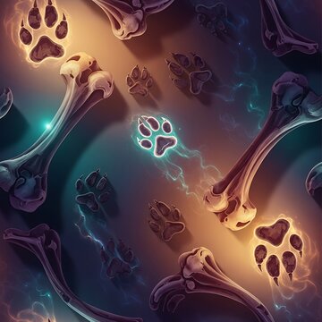 Abstract pattern of glowing paw prints and animal bones