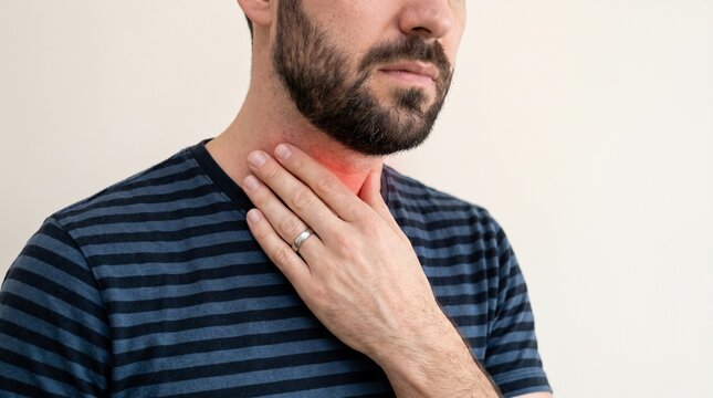 Man touching sore throat indicating pain and inflammation with inflammation