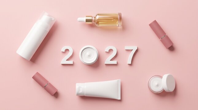 Beauty products set and year 2027 text on pink background with cosmetics