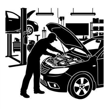Mechanic repairing car engine at vehicle service station silhouette symbol, vector isolated on white