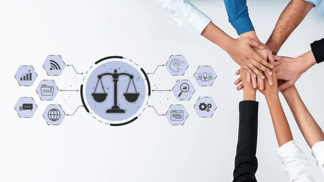 A close-up of diverse hands united together, symbolizing teamwork and equality in a modern context. The digital backdrop highlights legal scales, representing justice. Raster