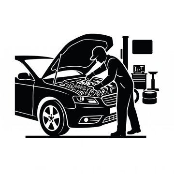 Mechanic repairing car engine at vehicle service station silhouette symbol, vector isolated on white