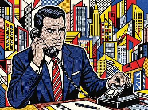 Serious businessman talking on a retro rotary telephone in a colorful pop art comic style urban setting with skyscrapers