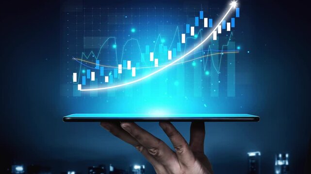 A hand holds a tablet that showcases a vibrant digital financial graph with an upward trend, symbolizing data analysis and growth in a modern financial context. Copula