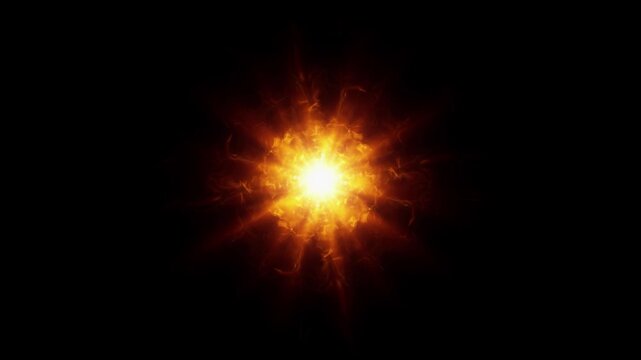 Fiery explosion effect with bright orange flames, abstract solar corona on black background