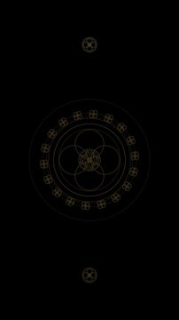 Vertical animated golden sacred geometry mandala with intersecting floral circles on dark background