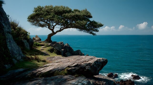 Lone green tree growing on high rocky cliff over blue ocean water under bright blue sky.