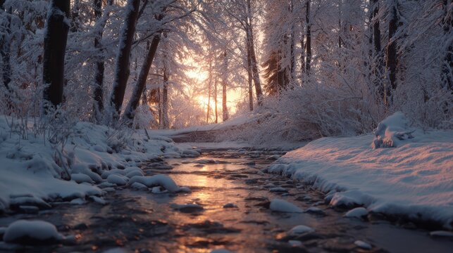 Winter forest stream during sunrise with soft golden light illuminating snow-covered trees and icy water