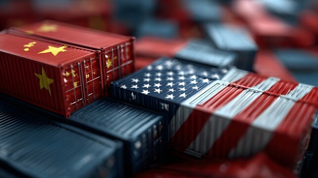 Cargo shipping containers painted with US and China flags symbolizing international trade war and global commerce.