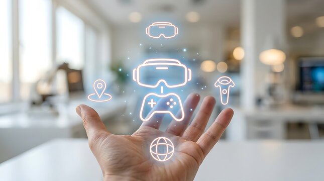 Open human palm holding glowing virtual reality headset and game controller icons alongside location pin digital globe holograms.
