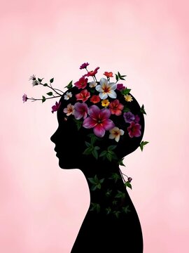Silhouette of a head adorned with flowers and a vine featuring star-shaped leaves against a soft background, ||Floral design, beauty in simplicity