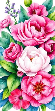 Watercolor illustration featuring a bouquet of rose, peony, and petunia flowers amidst lush green leaves, delicate petals, floral arrangement