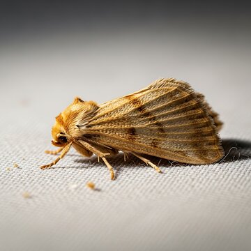 Macro shot of a brown moth on light grey fabric