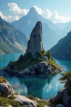 Orgone structure atop lake stone, mountains backdrop, orgonite pyramid, nature