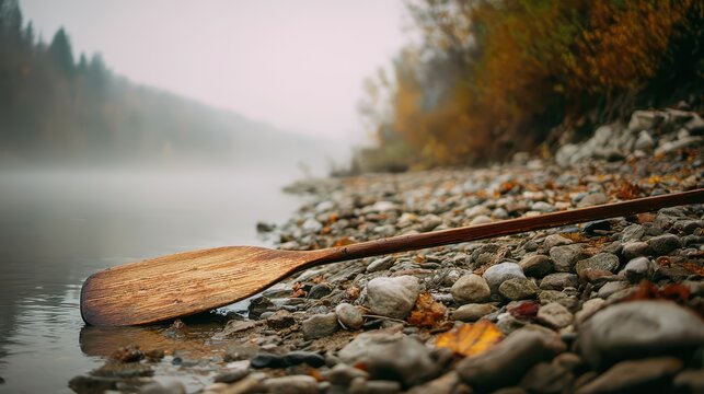 Wooden canoe paddle resting on rocky shore during misty autumn morning with forest background