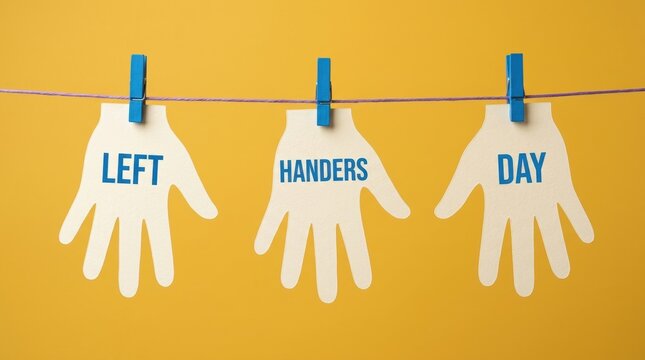 Three paper cutouts of human hands are clipped to a purple string against a bright yellow background to celebrate the annual International Left Handers Day