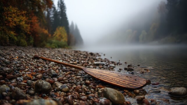 Wooden canoe paddle resting on a misty riverbank during autumn with colorful trees in the background