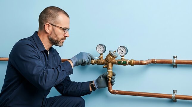 Professional plumber inspecting a residential backflow prevention device