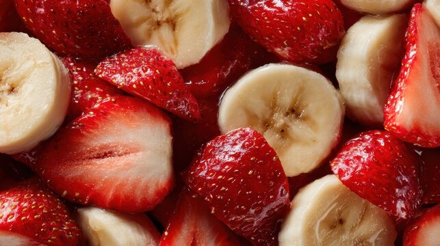 Fresh Strawberry and Banana Slices in Sweet Syrup with Natural Lighting and Shallow Depth of Field