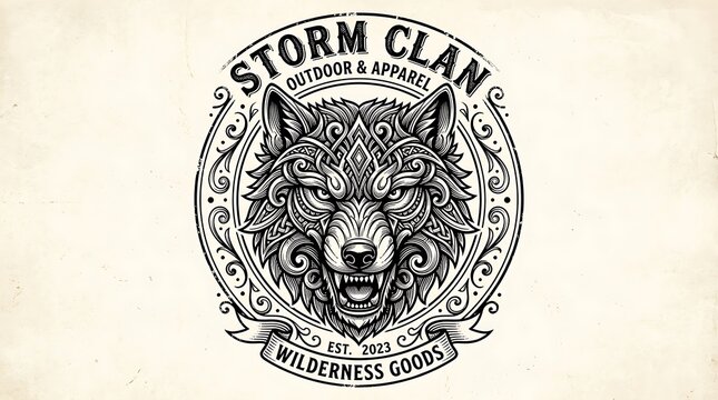 Ornate Wolf Head Vintage Logo Design for Outdoor Apparel