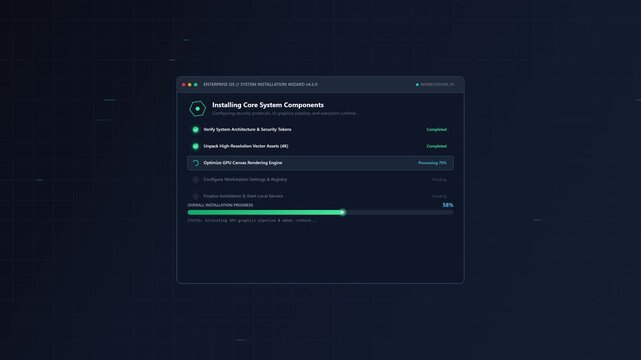 Enterprise OS system installation wizard user interface featuring progress bar and technical status updates for core component configuration on dark digital grid background.