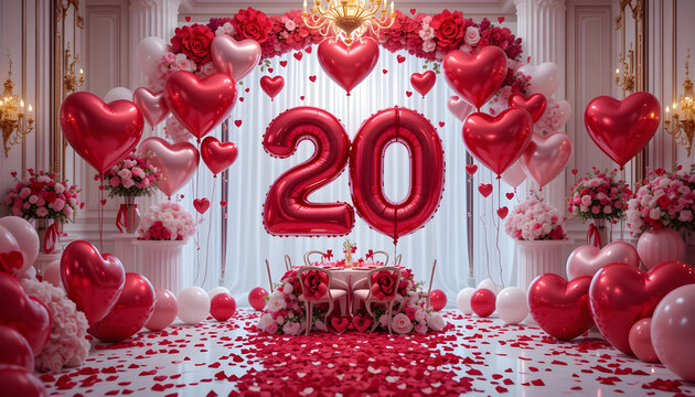 Anniversary dinner setup with red number twenty balloons and floral arch in luxury ballroom.