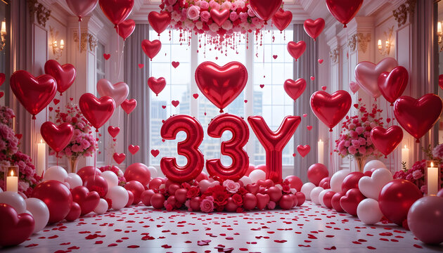 Beautiful anniversary party scene with thirty three y foil balloons and red flower bouquets.