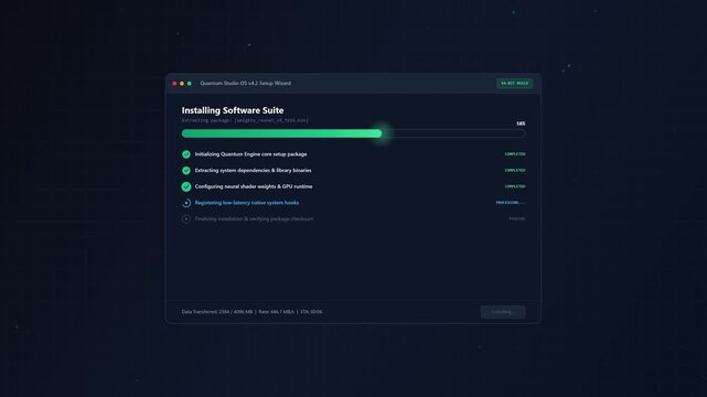 Digital interface of a software installation setup wizard showing a progress bar, extraction status, and system configuration list on a dark technological background.